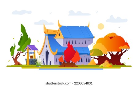 Ancient cathedral - modern flat design style illustration. Neat detailed image of old building from Middle Ages. Stone walls, architecture, beautiful trees, historical place and infrastructure idea