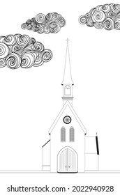 Ancient catholic church and clouds, line art illustration.