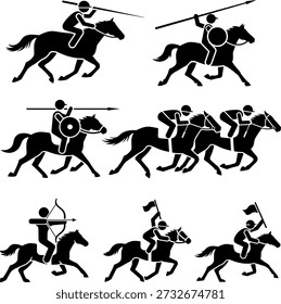 Antike Kavallerie Krieger Silhouette Set mit Speeren, Bögen und Flaggen