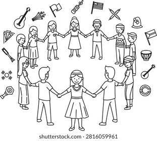 Ancient cave drawing depicting diverse human activities and symbols in a communal circle