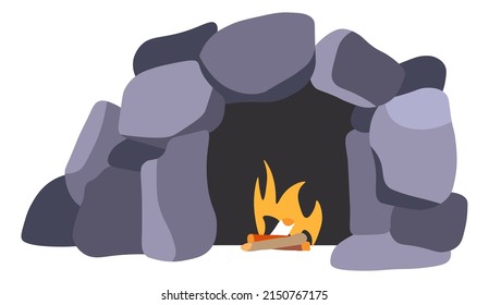 Ancient cave, home to old civilization and neanderthal people. Primeval house, evolution and accommodation. Bonfire for warmth and preparing food, savage mankind of past. Vector in flat style