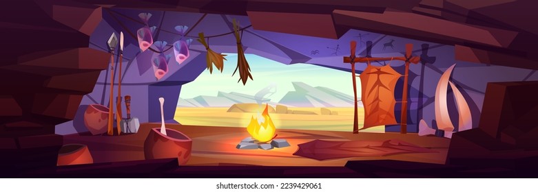 Ancient cave interior with bonfire, prehistoric tools and pictures on wall. Cartoon vector illustration of ancient home in rocky mountain, fish drying over flame. History game background design