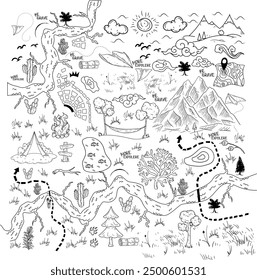 Ancient Cave Map Illustration - Hand-Drawn Line Art Inspired by Primitive Cartography