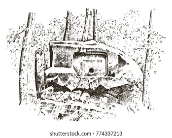 ancient cave. prehistoric house of wood or stone rock with the remains of a man. forest landscape. habitat of pristine civilizations. close up. engraved hand drawn in old sketch, vintage style.