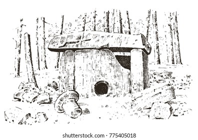ancient cave. prehistoric house of wood or stone rock with the remains of a man. forest landscape. habitat of pristine civilizations. close up. engraved hand drawn in old sketch, vintage style.
