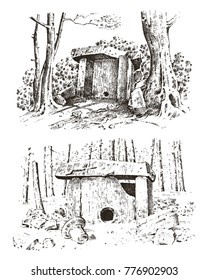 Ancient cave. prehistoric house of wood or stone rock with the remains of a man. forest landscape. habitat of pristine civilizations. close up. engraved hand drawn in old sketch, vintage style.