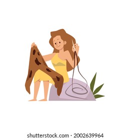 Ancient cave woman sews clothes from animal leather with threads and stone needle. Female daily routine activity primitive civilization neanderthal. Flat cartoon vector illustration