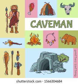 Ancient caveman, his cave and tools for hunting. Anciently human of stoneage, historic primitive dweller vector illustration. Cartoon neanderthal with spear, cavern and mammoth poster