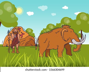 Ancient caveman standing on field near cave. Historic primitive dweller, anciently human of stoneage vector illustration. Cavern, mammoth and cartoon neanderthal with spear poster