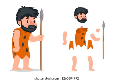Ancient caveman with stone spear action game RPG character layered animation ready character vector illustration