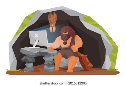 Ancient caveman using computer in prehistoric cave vector illustration. Cartoon stone age wild man character sitting with pc and wooden club in hand, neanderthal people evolution isolated on white