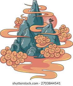 Ancient Celestial Peaks Illustrated with Soft Jade Tones and Swirling Sunset Clouds