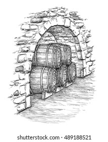 Ancient cellar with wine wooden barrels. Isolated on white background. Hand drawn vector illustration.