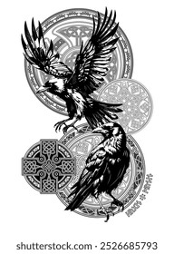 Ancient Celtic Cross Symbol and Patterns with Mythical Black Ravens Illustration. Tattoo Design