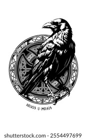 Ancient Celtic Cross Symbol and Patterns with Mythical Black Ravens Illustration. Tattoo Design