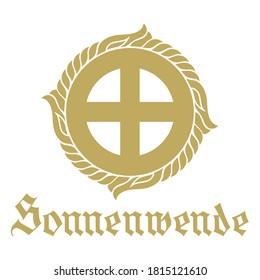 Altes keltisches Design. Sonnenkreuz im skandinavischen Stil. Solar - altes Symbol der Sonne. Inschrift auf Deutsch Sonnenwende - Solstice einzeln auf Weiß, Vektorgrafik