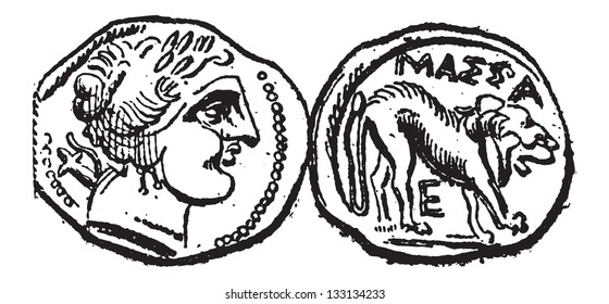 Ancient Celtic Drachma Coin, showing Head (front) and Lion (back), vintage engraved illustration. Dictionary of Words and Things - Larive and Fleury - 1895