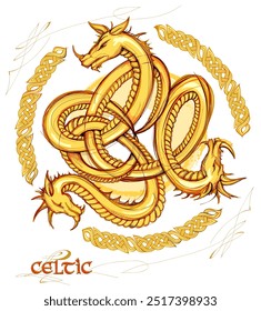 Antiguo dibujo celta de dragones dorados en remolino. Poder de tres. Viejo triskelion vintage. Símbolo irlandés mágico. Ornamento espiral de triple goteo con patrón de nudo celta. Ilustración vectorial dibujada a mano.