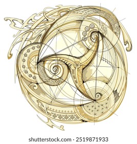 Ancient Celtic geometric drawing. Old triskelion vintage. Triple trickle spiral ornament with Celtic knot pattern. Ethnic magic sign. Print for logo, icon, coin, tattoo. Hand drawn vector illustration