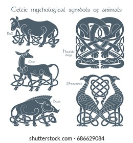 Ancient celtic mythological symbol animals set. Vector knot ornament.