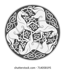 Ancient celtic mythological symbol of horse trinity. Vector knot ornament.
