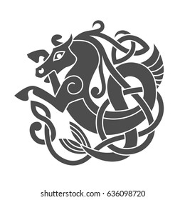 Ancient celtic mythological symbol of sea horse. Vector knot ornament.