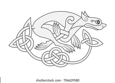 Ancient celtic mythological symbol of wolf, dog, beast. Vector knot ornament.