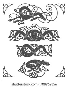 Ancient celtic mythological symbol of wolf, dog, beast. Vector knot ornament set