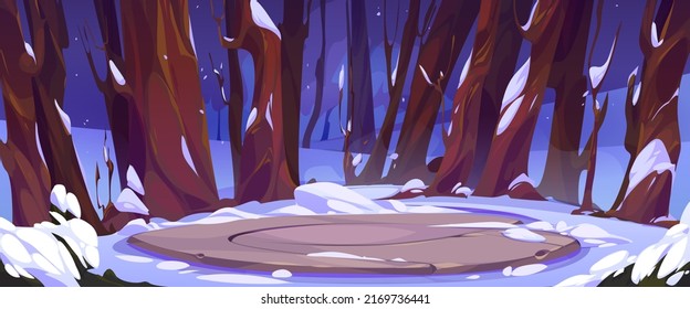 Ancient celtic round stone platform or game battle podium in winter forest. Vector cartoon illustration of woods landscape with white snow trees and old abandoned sacred altar, game background