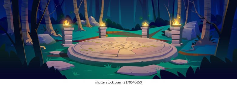 Ancient celtic round stone platform, pillars with fire in forest at night. Vector cartoon illustration of woods landscape with birch trees and old abandoned sacred altar with pagan symbols