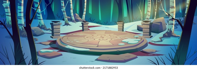 Ancient celtic round stone platform with pillars in winter forest. Vector cartoon illustration of woods landscape with snow, birch trees and old abandoned altar with pagan symbols