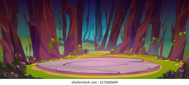 Ancient celtic round stone platform or game battle podium in green forest. Vector cartoon illustration of woods landscape with trees and old abandoned sacred altar, game background svg