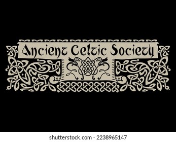 Ancient Celtic, Scandinavian ornament with wolf heads, drawn in vintage retro style, isolated on black, vector illustration