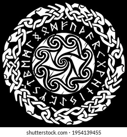 Ancient Celtic, Scandinavian pattern, Scandinavian knot - work illustration and Runes - Old Norse alphabet, isolated on black, vector illustration