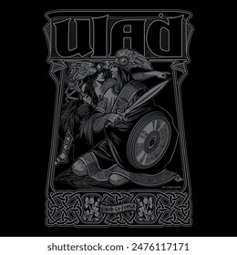 Antiguo guerrero Celta Escandinavo con espada, escudo y Valquiria. Patrón e inscripción celta antigua Ulster - provincia de la antigua Irlanda, aislado en negro, Ilustración vectorial