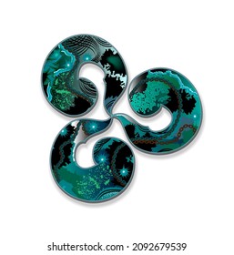 Ancient Celtic symbol. Triple trickle spiral ornament. Luxury malachite, emerald, marble style. Ethnic Breton sign. Print for logo, icon, tattoo. Folk geometric circle decoration. Vector illustration