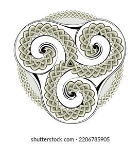 Símbolo celta antiguo. Ornamento espiral triple de goteo. Patrón de nudos celtas. Vintage dorado de lujo. Signo de la etnia bretona. Imprimir para logotipo, icono, moneda, tatuaje. Decoración en círculo. Ilustración vectorial.