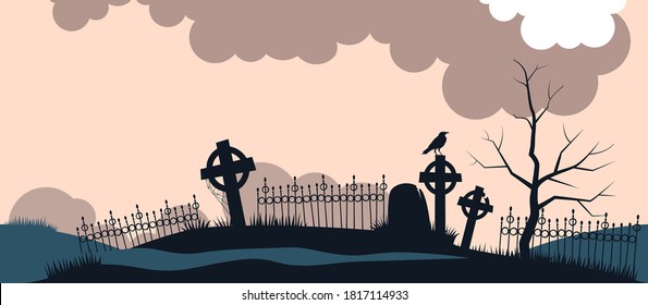 Ancient cemetery at dawn background. Old crosses and gravestones silhouettes with sitting raven destroyed fences unkempt burials gloomy forgotten religious burials with use of ancient vector magic.