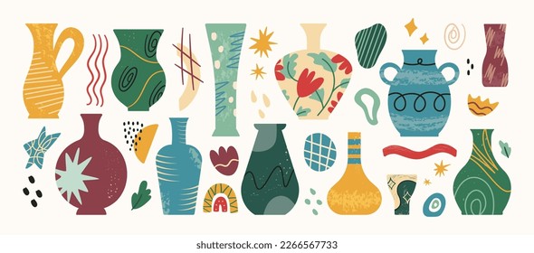 Ancient ceramic bowl. Antique jugs. Elegant pottery. Colorful urns and pots. Abstract shapes. Interior object. Hand drawn doodles. Isolated amphora set. Vector cartoon utter illustration