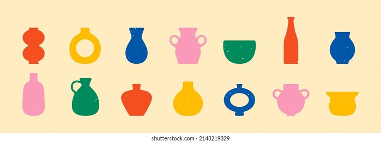 Ancient ceramic pottery set. Abstract retro vases, wine jars, antique amphoras contemporary style. Vector illustration