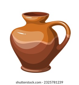 Ilustración vectorial de cerámica antigua. Caricatura aislada antigua jarrón marrón de arcilla, jarra artesanal rústica y plato clásico olla de interior de cocina antigua, vajilla de barro para vino y aceite en el museo