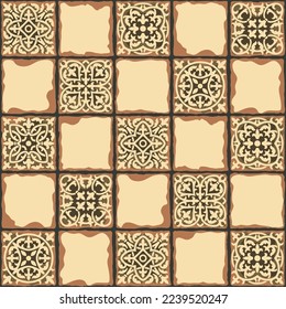Ancient ceramic tile seamless pattern. Wall or floor texture. Decorative antique stone ornament.