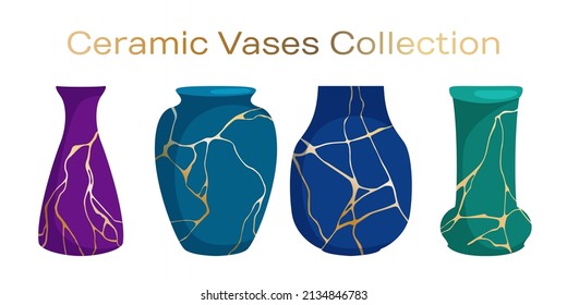 Ancient ceramic vases vector collection. Pottery ceramic vases for flower bouquets with gold line kintsugi patterns. Interior decor pottery. Elegant clay pots illustration set.