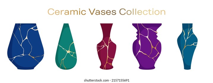 Colección vectorial de antiguos vasos cerámicos. Jarrones cerámicos de cerámica de cerámica para ramos de flores con patrones de kintahora de línea dorada. Cerámica decorativa de la habitación. Elegante juego de ilustraciones de jarras.