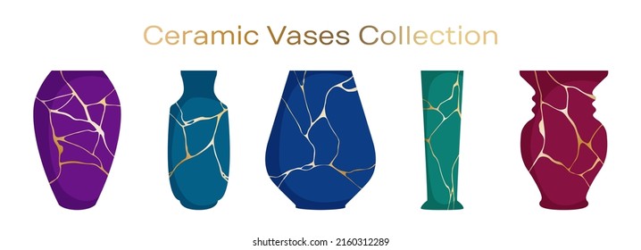 Ancient Ceramic Vases Vector Collection. Pottery Ceramic Vases For Flower Ikebana With Gold Line Kintsugi Patterns. Interior Decor Pottery. Vessel, Jar, Pot, Amphora, Bowl,