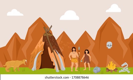 Ancient character male female hunting prehistoric tiger flat vector illustration. Tribe on hunt wildlife nature hunter skin predator, past ages time. Man spear defence primitive tent.