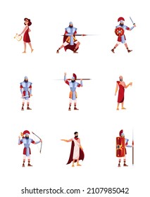 Ancient characters. Rome or greece warriors and writers medieval clothes gladiator legion soldiers garish vector flat characters isolated on white