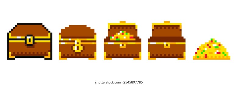 Ancient chest with gold and precious stones in pixel art style, wooden chest animation, 8 bit sprite. Open and closed chest full of jewels and empty.