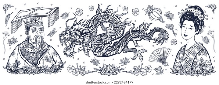 Ancient China. Chinese dragon, emperor, queen in traditional costume, fan, red lantern, lotus flower. Old school tattoo collection. History and culture. Asian art. Traditional tattooing style