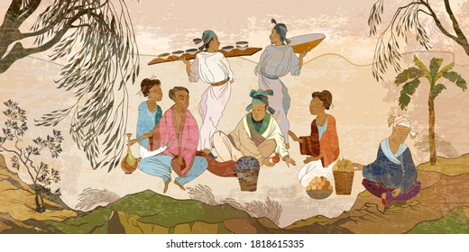 Ancient China. Classic wall drawing. Murals and watercolor asian style. Hand-drawn vector illustration. Oriental people. Tea ceremony. Traditional Chinese paintings. Tradition and culture of Asia 